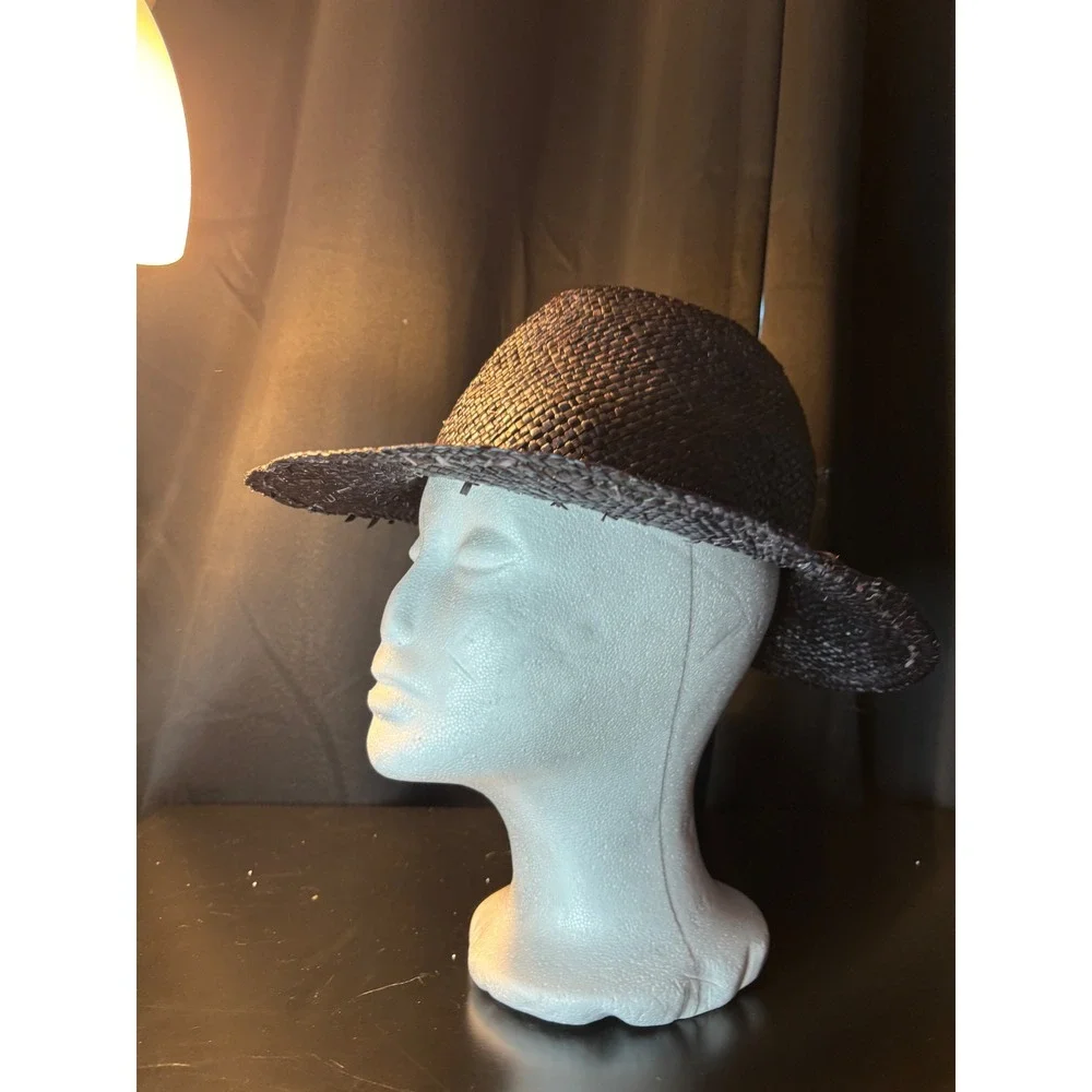 Black paper  Woven Straw Sun Hat Round Crown Summer Beach Wide Brim Fedora Style